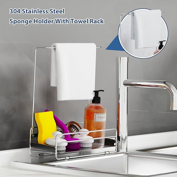 KABUM 304 Stainless Steel Sponge Holder with Towel Rack for Kitchen Sink, Sink Caddy with 4 Non-Slip Silicone Pads, Kitchen Essential Countertop Storage & Organization, Rustproof 304 Stainless Steel