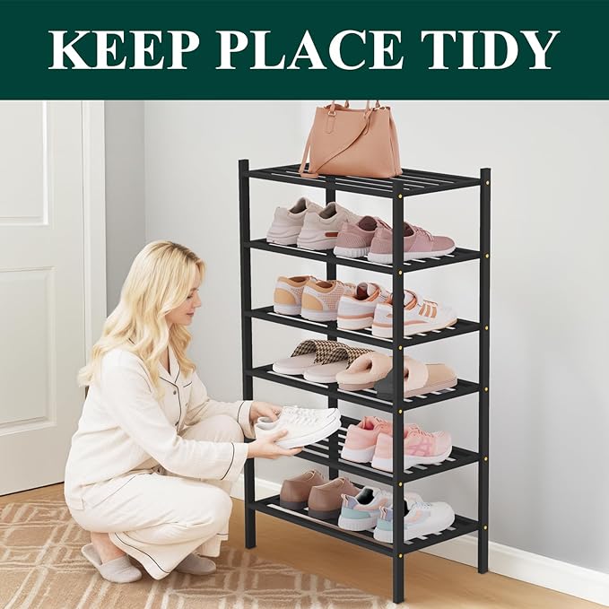 Smiry Small Bamboo Shoe Rack 6-Tier, Stackable Wooden Shoe Organizer for Entryway & Closet, Free Standing Wood Shoe Storage Shelf for Front Door & Small Spaces, Black