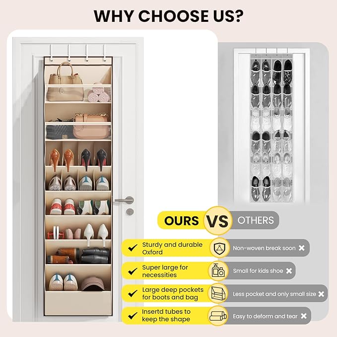 8 Tier Clear Over the Door Shoe Organizer with Deep Pockets, Door Shoes Rack with hard Cardboard and Tubes to Keep the Shape, Hanging Shoe Rack for Closet Organizers, Shoe Holder Beige