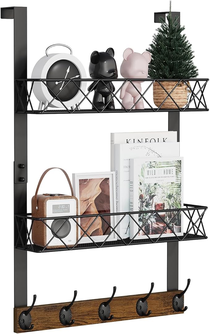 YINMIT Over The Door Hooks Organizer, Over Door Storage with 5 Hooks and 2 Mesh Baskets, Door Hanger Hook, Over The Door Towel Rack, Over Door Hanger for Bathroom, Bedroom, Kitchen