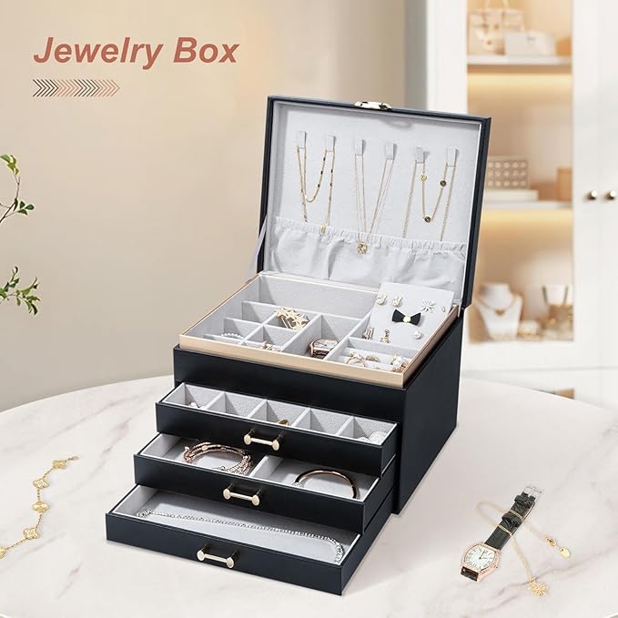 Jewelry Boxes for Women, Large Jewelry Storage Boxes, 4-Layer Leather Jewelry Organizer with 3 Drawers, Jewelry Display Case Gift for Women Girls, Black
