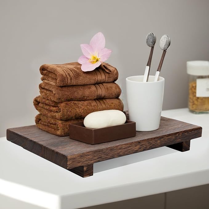 (9x6 Inch,Brown) Wood Riser Soap Tray, Rustic Wood Pedestal Stand Tray Farmhouse Kitchen Counter Decor Bathroom Soap Dish Holder for Sink,Vanity,Plant,Bottles, Candles Display