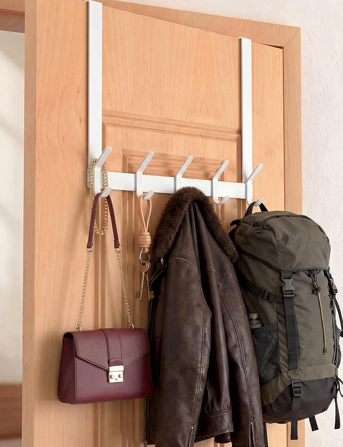 Long Over The Door Hooks Hanger with 15.75" Arms for Easier Access by Shorter, J16U, Perfectly Fits US Standard 1 3/8-inch Doors, Towel Rack Bathroom Organizer Holder, Rustproof, White