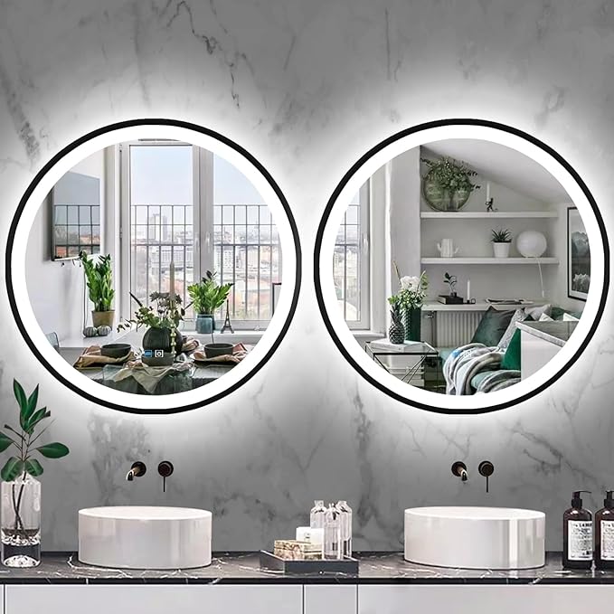 36 Inch Black Frame Round Lighted Mirror for Bathroom Salon Wall Black Round LED Vanity Mirror with Lights 3 Color Adjustable Brightness AntiFog 36" BlackFramed Circle Smart Light up Mirrors