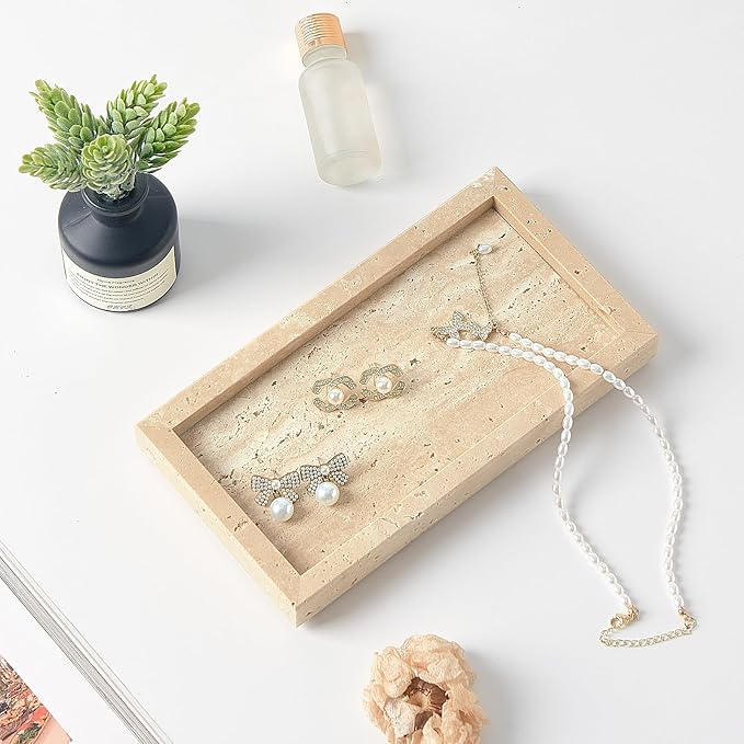 Natural Small Travertine Vanity Tray, Luxury Stone Organizer for Bathroom & Kitchen | Holds Soap Dispenser, Jewelry, Perfume | Non-Resin, Non-Ceramic Décor