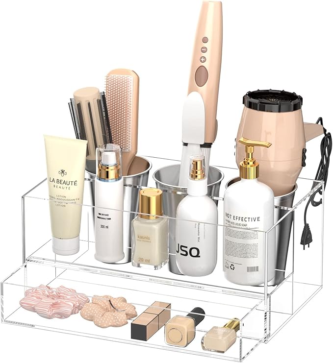 NIUBEE Hair Tool Organizer, Clear Acrylic Hair Dryer and Styling Organizer with Drawer, Bathroom Countertop Blow Dryer Holder, Vanity Caddy Storage Stand for Accessories, Makeup, Toiletries