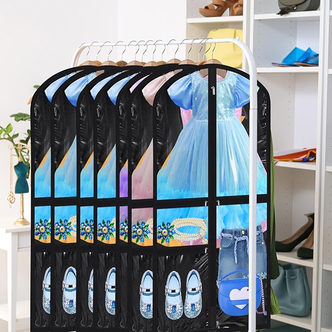Geelin 14 Pcs Garment Bags for Dance Costumes PVC Clear with Zippers 20 x 40 Inch Garment Bag with Pockets Dance Costume Organizer Carrier for Storage Cover for Adult(Translucent Black)