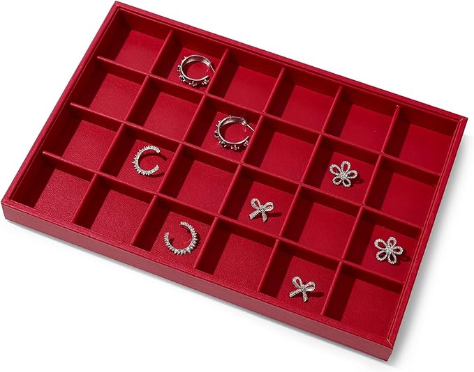 Leather Jewelry Trays 24 Grids Earrings Tray Jewelry Display Tray Stackable Ring Earring Organizer Tray Jewelry Trays For Drawers Rings Earrings Holder (Red)