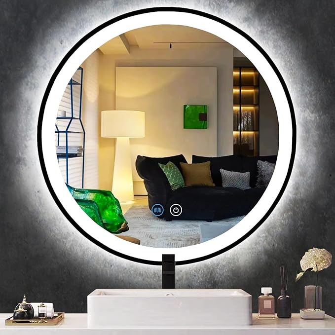 16 Inch Black Bathroom LED Mirror with Light, Black Frame, AntiFog, 3 Color, Wall Mounted Circle Lighted Mirror