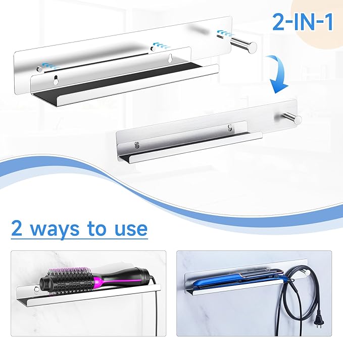 Curling Iron Holder Wall Mount, Flat Iron and Hair Straightener Holder, Stainless Steel Hair Tool Organizer for Hair Dryer Brush and Hots Tool Accessories, Hair Tool Holder for Bathroom, Silver