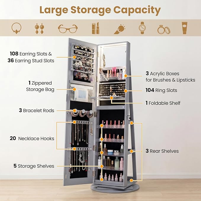 CHARMAID 360° Rotating Jewelry Armoire with LED Lighted Full Length Mirror & Built-in Vanity Mirror, Lockable Standing Jewelry Cabinet with Lights, Large Storage Organizer for Jewelry (Gray)