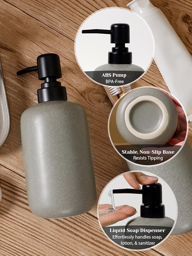 INGOFIN 3 Pcs Ceramic Bathroom Accessory Set - Liquid Soap Dispenser, Toothbrush Holder & Tray, Bathroom Counter Set, Countertop Essentials for Home, Guest Bathroom, or Office Use, Grey