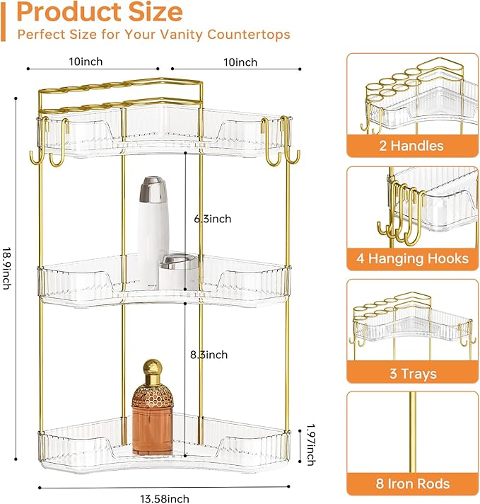 3-Tier Corner Bathroom Counter Organizer，Makeup & Skincare Shelf with Built-in Brush Holder，Space-Saving Bathroom Countertop Organizer for Skincare, Perfume, Cosmetics(Green)