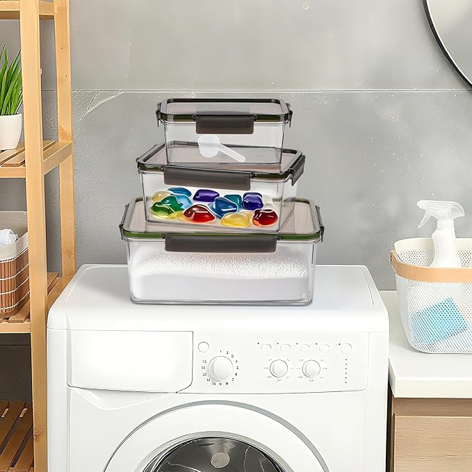 MYITYARD Laundry Pods Container 3 Pack, Clear Powder Detergent Storage with Scoops and Sealing Lid - Dryer Sheet Holder for Laundry Room Organization