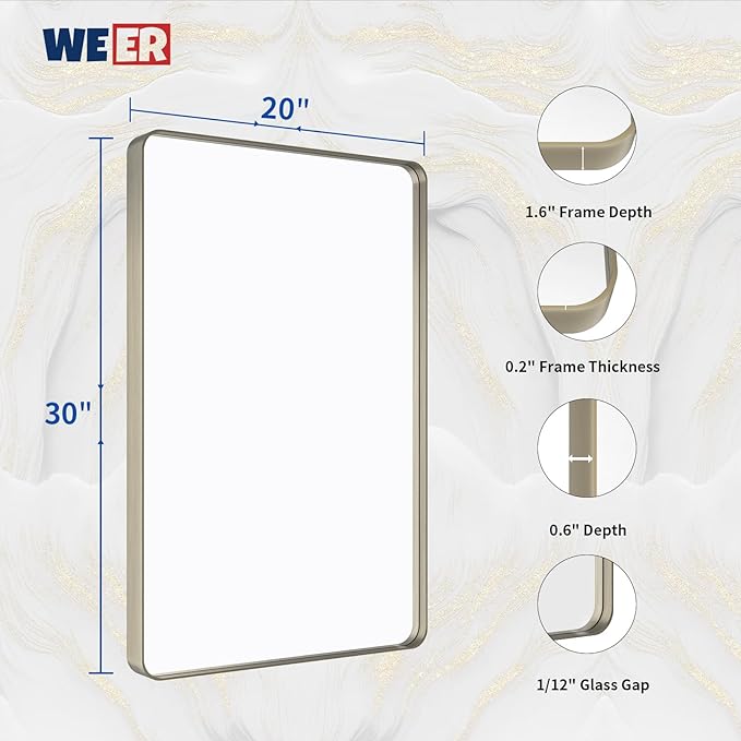 WEER 20X30 Inch Brushed Nickel Bathroom Mirror, Brushed Silver Metal Frame Mirror, Rounded Rectangle Silver Bathroom Vanity Mirror, Tempered Glass, Anti-Rust, Hangs Horizontally or Vertically