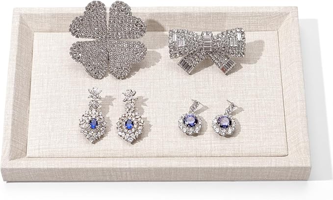 Leather Jewelry Tray Stackable Jewelry Drawer Organizer Display Tray With Linen Texture For Necklace Bracelet Watch Pendant Display Showcase(Small)