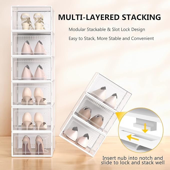 Secret Space 12 Pack X Large Shoe Organizer Storage Boxes for Closet, Modular Space Saving Shoe Boxes Clear Plastic Stackable Sneaker Containers Display Case with Lids, White
