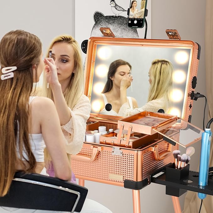 20" Aluminum Ligthed Makeup Train Case with LED Lights Professional Cosmetic Organizer Studio with Speaker, Wheels and Stands Rolling Trolley Makeup Vanity Station for Travel (Rose Gold)