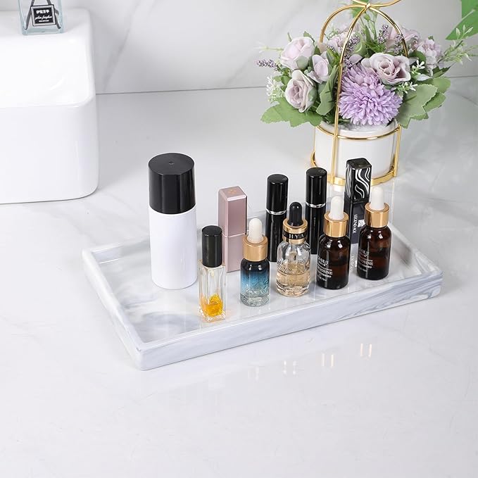 Bathroom Vanity Tray - 11'' Ceramic Rectangle Countertop Tray, Heavy-Duty Perfume Organizer Plate, Jewelry Ring Tray, Kitchen Soap Dispenser Stone Trays, Marble White