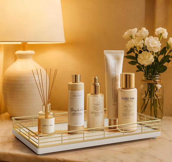 Large Bathroom Vanity Tray – 13" x 8" Oak Decorative Wooden Tray for Bathroom Countertop & Vanity Organizer, Wood Tray for Perfume, Skincare & Accessories Storage, Vanity Dresser Decor Gold & White