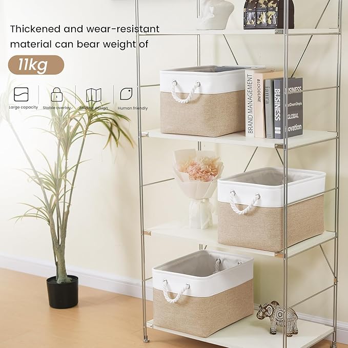 Large Storage Baskets- 15x11x10 inch Storage Bins for Shelves and Closet Organizing, Foldable Fabric Bin for Home Organization Clothes and Laundry (3-Pack, White&Khaki)