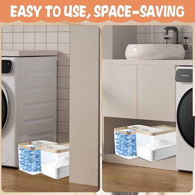 Large Laundry Pods Container with Slide Lid, Laundry Room Organization for Booster Beads with Measuring Scoops, Laundry Pods Holder for Scent Booster, Powder, Pods. (Clear 2-Pack)