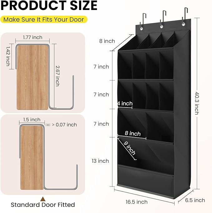 Over the Door Shoe Rack with Large Deep Pockets, Door Shoes Organizer for Closet, Hanging Boots Shoe Rack, Behind the Door Narrow Shoe Holder, Multiple Pockets for Flexible Storage, Black ﻿