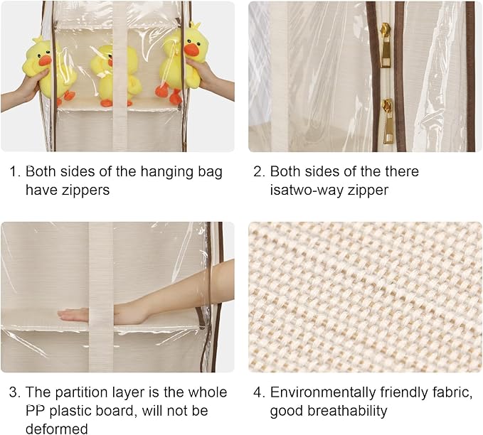 Clear Hanging Handbag Storage Organizer with Zippers, Easy Access Purse,Toy,Yarn,Hat Storage Over The Door Purse Organizer Space Saving 4 Pockets for Closet Bedroom Living Room (Beige)