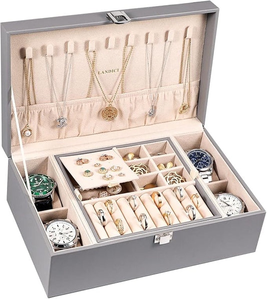 LANDICI Jewelry Box Organizer for Men Women, 2 Layer 4 Slot Watch Storage Case with Removable Tray, PU Leather Large Jewellery Holder Display for Watches Sunglasses Rings Earrings Necklace, Grey