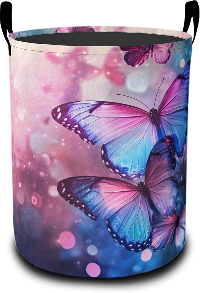 Purple Lavender Laundry Basket, Butterfly Oxford Cloth Laundry Hamper With Handle Foldable Portable Clothes Storage Basket Storage Bag For Laundry Room/Bathroom/Bedroom/Dormitories