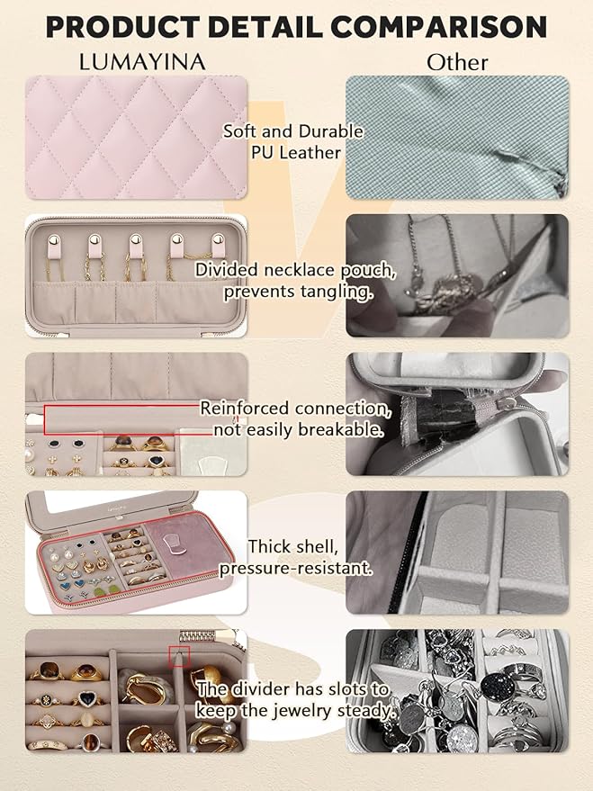 Travel Jewelry Case with Mirror, Quilted Small Jewelry Box Organizer for Women Girls, Portable Earring Necklace Bracelet Ring Holder Storage for Travel, Gifts for Her (Blush Pink)