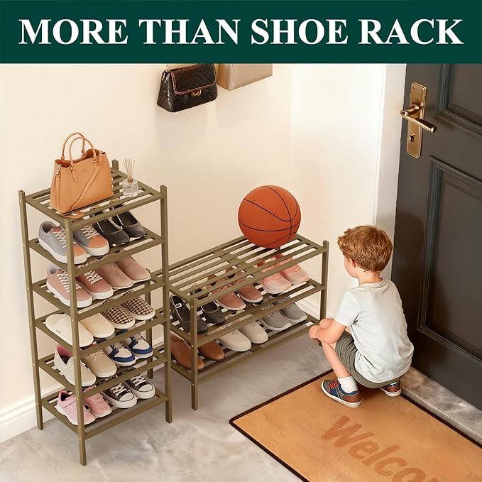 Smiry Small Bamboo Shoe Rack 3-Tier, Stackable Wooden Shoe Organizer for Entryway & Closet, Free Standing Wood Shoe Storage Shelf for Front Door & Small Spaces, Walnut