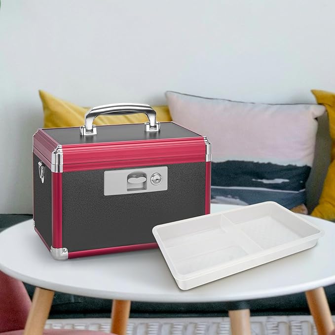 Secure Medicine Lock Box with Key, Childproof Metal Medication Storage Organizer for Home & Travel, Layered Aluminum First Aid Box, Portable & Durable – 11.2" x 7.6" x 7.6" Black & Red