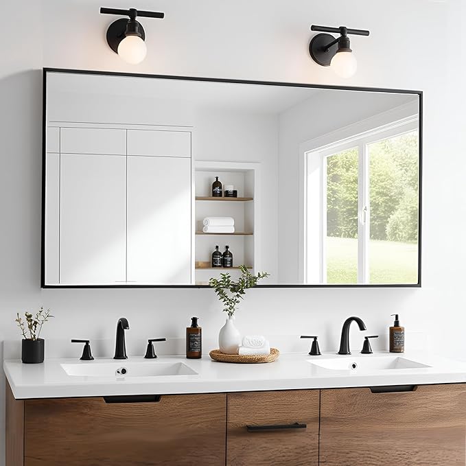 Rectangle Bathroom Mirror 26x48 inch, Large Mirror with Black Frame, Rectangular Vanity Mirror 26" X 48", Modern Matte Wall Mounting Mirrors, Hang Horizontal or Vertical