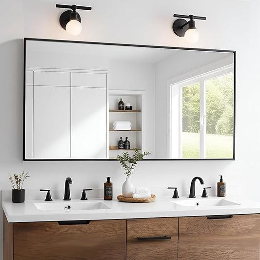 Rectangle Bathroom Mirror 26x48 inch, Large Mirror with Black Frame, Rectangular Vanity Mirror 26" X 48", Modern Matte Wall Mounting Mirrors, Hang Horizontal or Vertical