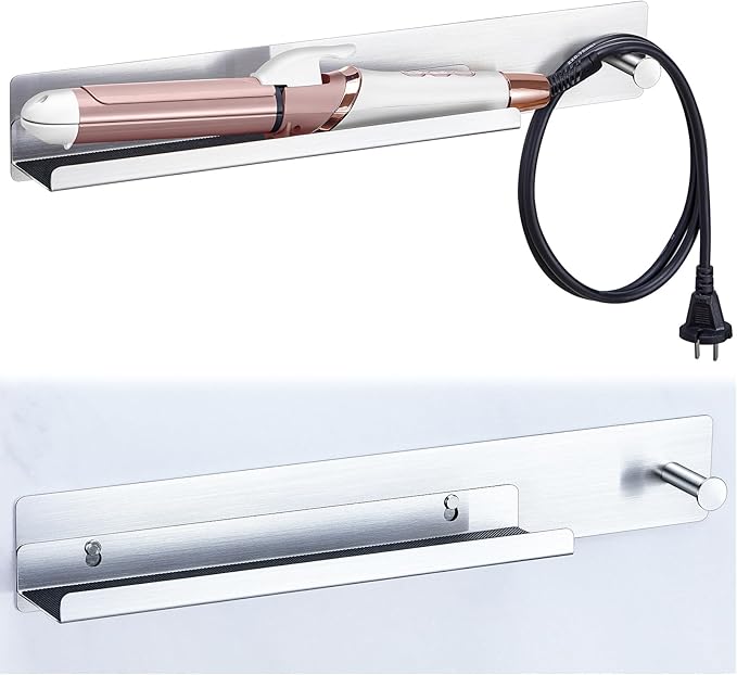 Curling Iron Holder Wall Mount, Flat Iron and Hair Straightener Holder, Stainless Steel Hair Tool Organizer for Hair Dryer Brush and Hots Tool Accessories, Hair Tool Holder for Bathroom, Silver