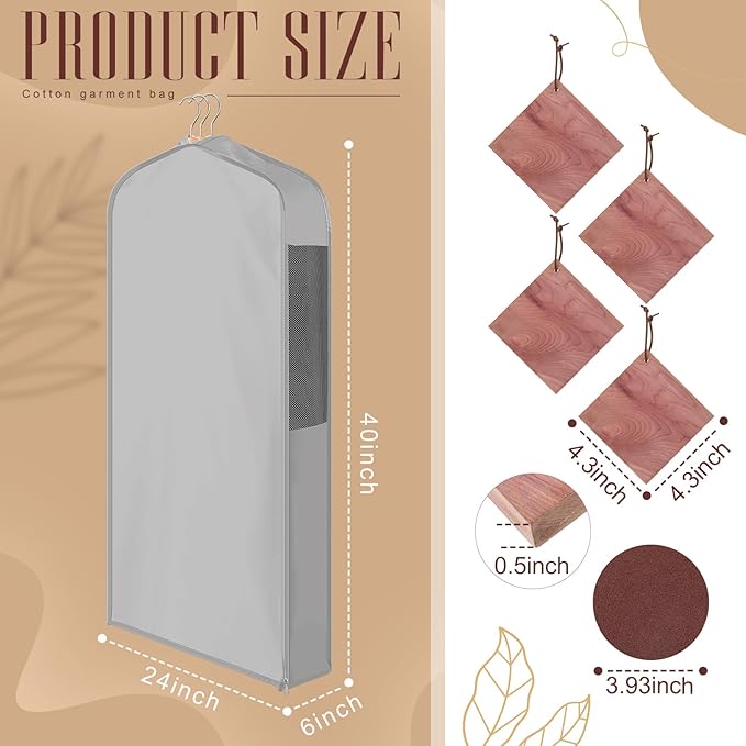 Cotton Garment Bag for Hanging Clothes and Storage with Cedar Blocks for Fresh Smell and Moth Protection Sandpaper for Suit Fur Coat Jacket Sweater(40 x 24 x 6 Inch,Light Gray,1 Set)