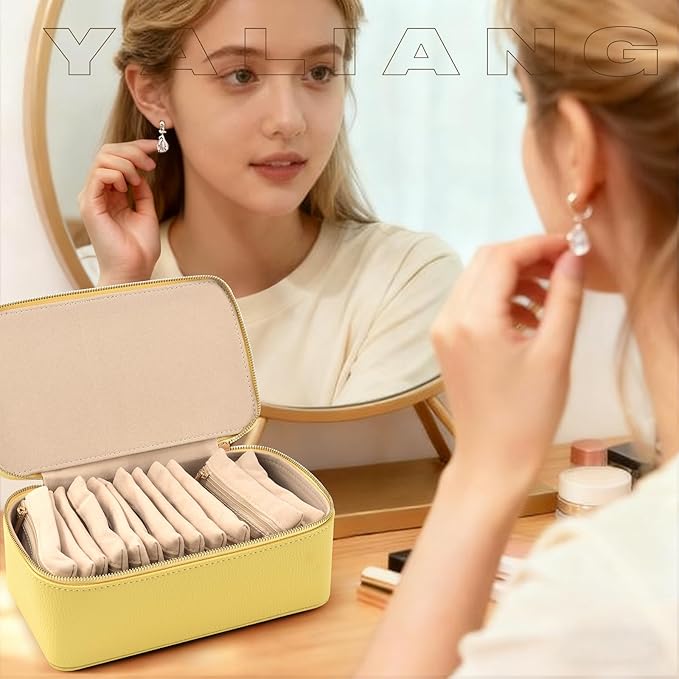 Travel Jewelry Box,Jewelry Travel Organizer for Women, Travel Jewelry Case with 12pcs Velvet Jewelry Pouches for Necklaces Rings Earrings Sorting Storage(yellow