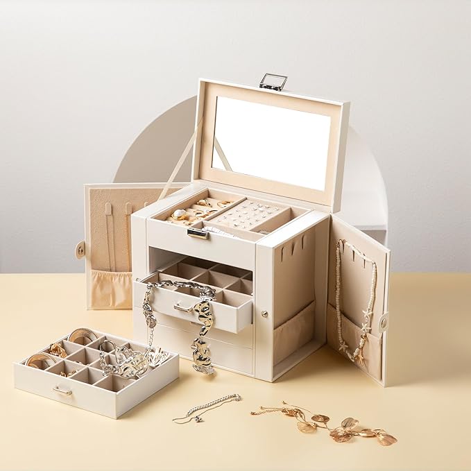 Frebeauty 5-layer Jewelry Box,Faux Leather Jewelry Organizer with 4 Drawers,Jewelry Organizers and Storage with Mirror,Jewelry Holder Organizer for Necklace,Jewerly Boxes for Women Girls(White)