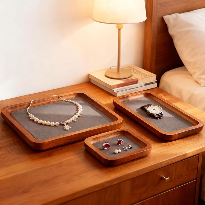 Wooden Jewelry Display Tray Rounded Rectangle Ring Showcase Stackable Elegant Bracelet Watch Jewelry Organizer for Personal Use and Commerce (Gray, Large-W 7'' x H 0.6'' x L 7.9'')