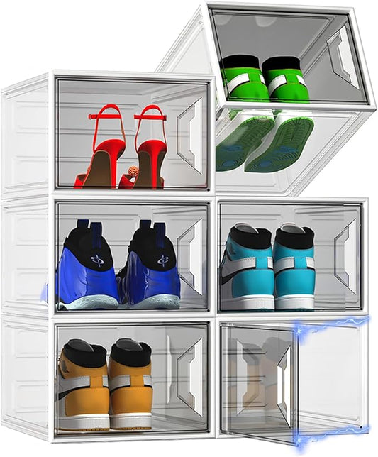 X-Large Stackable Shoe Boxes - Clear Plastic Shoe Storage Boxes with Magnetic Door, Thicken Shoe Organizer for Closet, Space Saving Foldable Shoe Containers Bins for Sneaker Boot - 6 Pack(White)