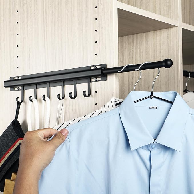 Valet Rod for Closets Pull Out Closet Valet Rod Slide Out Extra long 16.5 inch Black Valet Rods for Closets With 6 Hooks