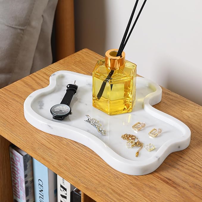 Carrara White Marble Tray, Marble Vanity Tray 10.8" x 8", Bathroom, Decor for Trinket Perfume Jewelry Candle, 11 Inch Cloud