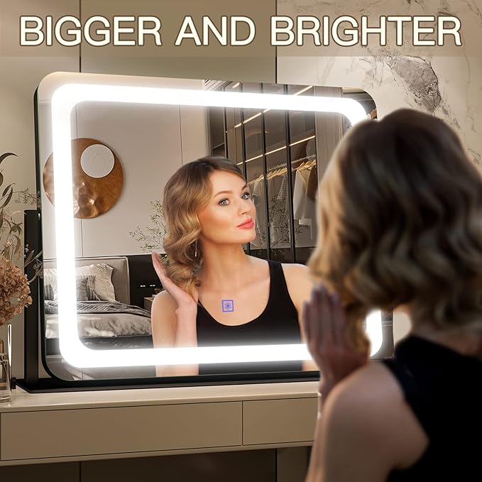FENNIO Vanity Mirror with Lights 22"x17",LED Lighted Makeup Mirror,Large Makeup Mirror with Lights,Touch Screen with 3-Color Lighting,Led Mirror Makeup,Dimmable,for Vanity Desk Tabletop,Bedroom