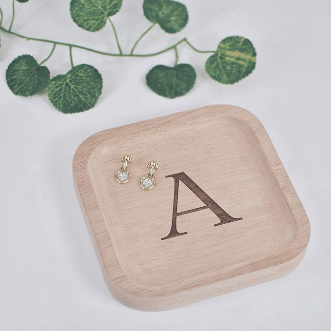I'm Wooden Personalized Letter Catchall Valet Tray Trinket Dish Jewelry Tray Key Bowl Decorative Plate Organizing Ring Earrings Necklaces Bracelet Watch Coins Wallet Holder (6"x6" Sq Natural A)