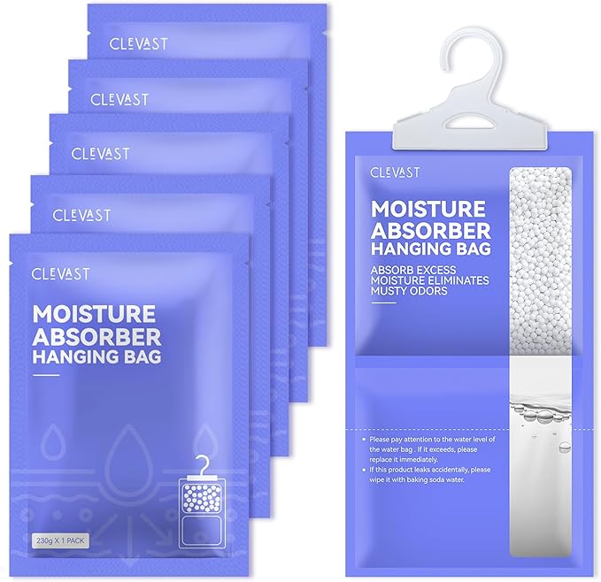 CLEVAST Moisture Absorbers Packets 5 Pack, Dehumidifier Bags for Closet, Unscented Hanging Humidity Absorber in Wardrobes, Bedrooms, Bathrooms(Net Wt. 230g/Pack)