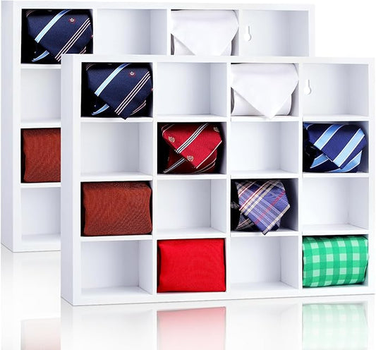 Wesiti Tie Box Organizer Wall Mounted Tie Rack with 16 Compartments Bamboo Belt Holder for Men Scarf Necktie Home Wall Closet(White Color,2 Pieces)