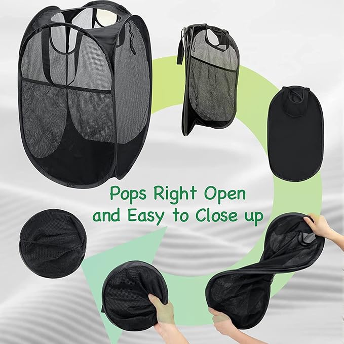 AQQA 2 Pcs Mesh Popup Laundry Hamper (Black/White),Popup Laundry Basket with Durable Handles,Foldable Pop-up Mesh Hamper Dirty Clothes Basket for Kids Room, College Dorm or Travel
