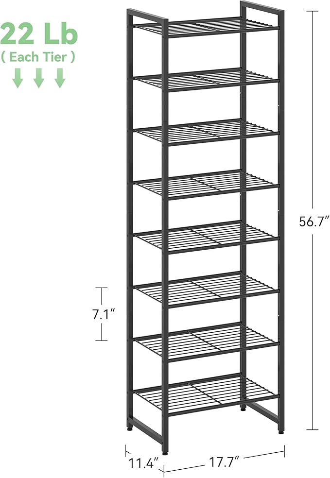 Narrow Shoe Rack, 8-Tier Metal Shoe Organizer,Tall Shoe Shelf with Anti-Tip Strap, Max Holds 18 Pairs,Space Saving for Closet,Entryway,Black
