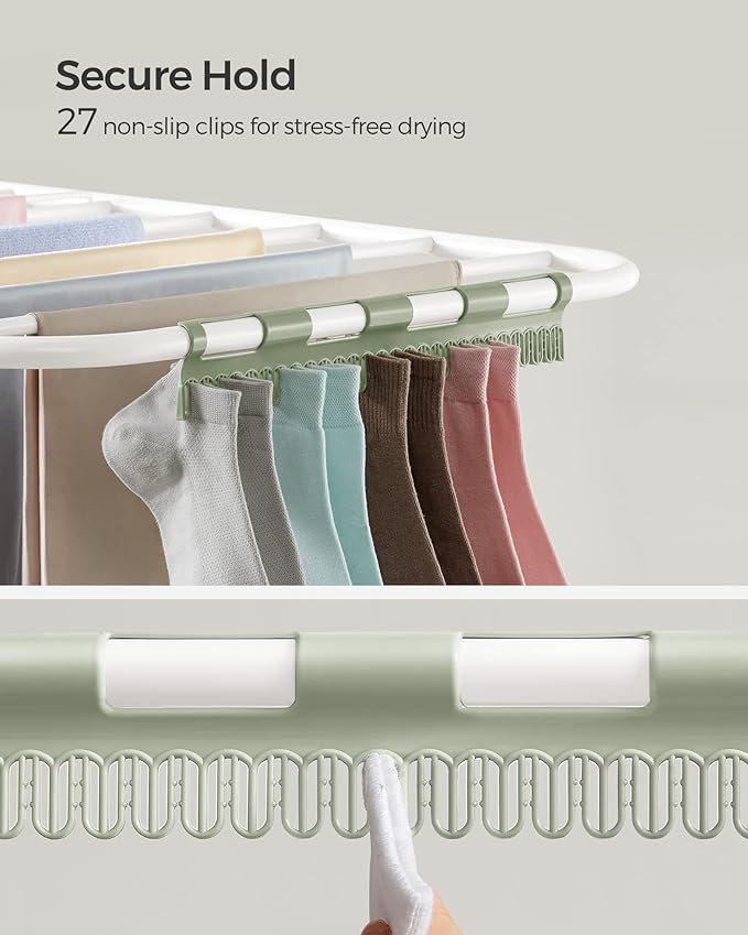 SONGMICS Clothes Drying Rack, Foldable 2-Level Laundry Drying Rack, Free-Standing Laundry Airer, with Height-Adjustable Wings, 33 Drying Rails, Sock Clips, White and Green ULLR053C01V1